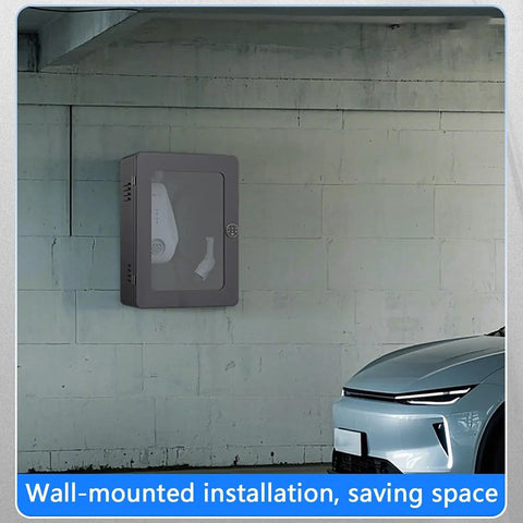 Heavy Duty Wall Mount EV Charger Protection Box mounted on wall beside a vehicle, featuring secure lock housing and tempered glass.