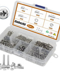 500-Piece Stainless Steel Nuts And Bolts Kit With Flat Washers And Phillips Pan Head Screws, M2 Metric Set In 6mm 8mm 12mm 16mm Lengths