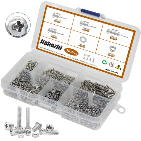 500-Piece Stainless Steel Nuts And Bolts Kit With Flat Washers And Phillips Pan Head Screws, M2 Metric Set In 6mm 8mm 12mm 16mm Lengths