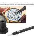 Automatic Watch Oiler Pen for Pro Grade Watch Repair tools showing pen, base, and gear lubrication in progress.