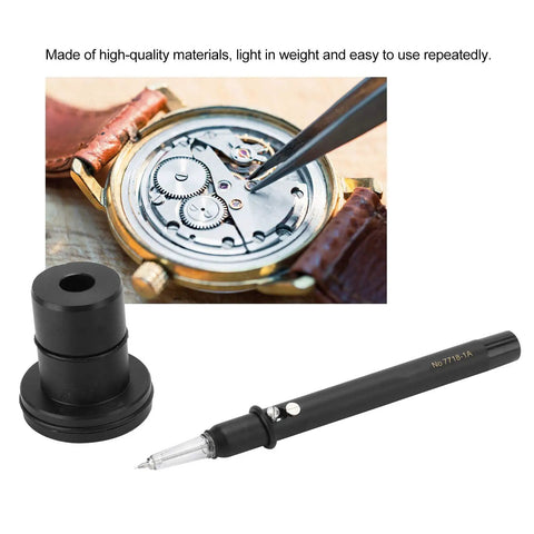 Automatic Watch Oiler Pen for Pro Grade Watch Repair tools showing pen, base, and gear lubrication in progress.