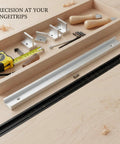 T-Track Slider Stop Block For Woodworking Jigs And Saw Accessories with tools on table, smooth glide and secure lock metal rail