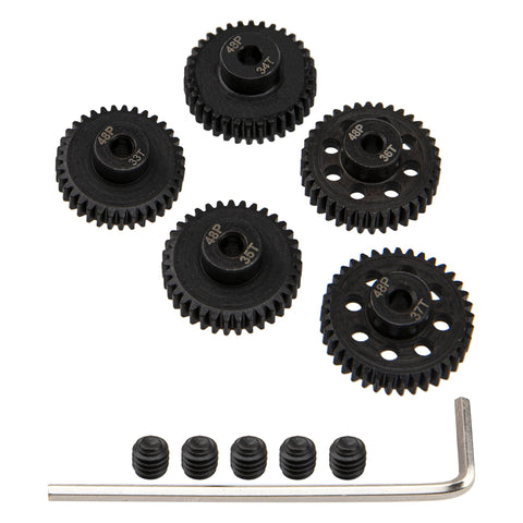 Five Pack Steel 48P Pinion Gear Sets 3.175mm Shafts 33T-37T for Arrma HPI Kyosho RC Cars and Monster Trucks with screws and wrench