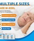 Large Disposable Underpads 24 By 24 Inch 100 Count Super Absorbent Bed Pads for incontinence care with various size options.