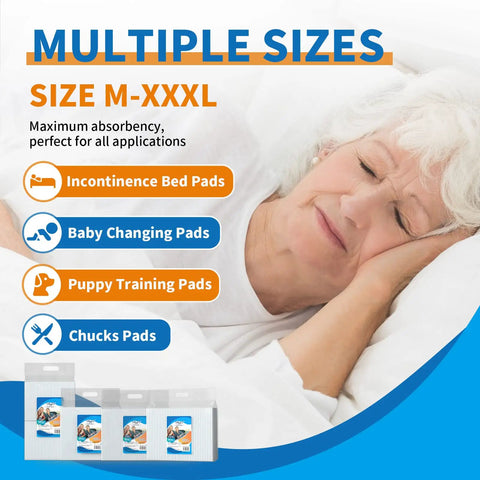 Large Disposable Underpads 24 By 24 Inch 100 Count Super Absorbent Bed Pads for incontinence care with various size options.