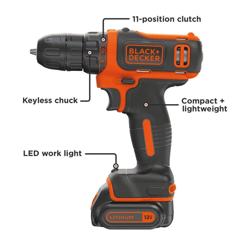 12V Max Cordless Drill Driver With Battery And Charger Included Keyless Chuck LED Work Light 11 Position Clutch Compact Lightweight Design For Tight Spaces And Precision Drilling