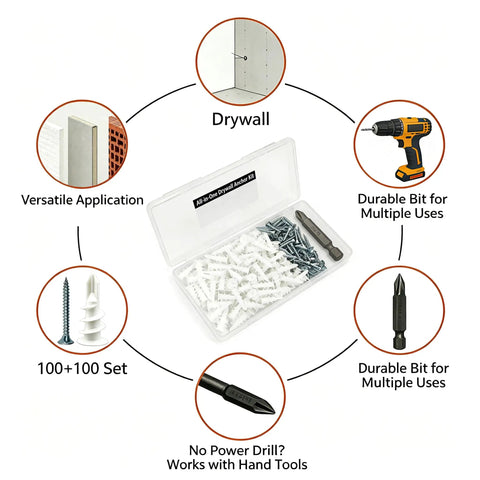 Heavy Duty Drywall Anchors And Screws Kit With 100 Self Drilling Plastic Anchors, 100 Size 8 Phillips Screws, And PH2 Bit in case