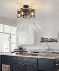 Wooden Farmhouse Ceiling Fan With Lights, Cage Style Indoor Vintage Ceiling Fan in modern kitchen, low profile design