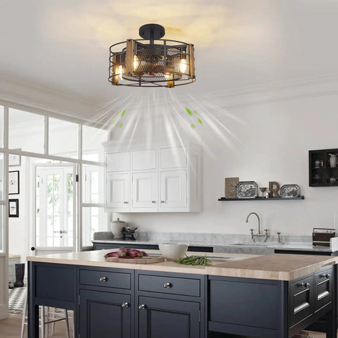 Wooden Farmhouse Ceiling Fan With Lights, Cage Style Indoor Vintage Ceiling Fan in modern kitchen, low profile design