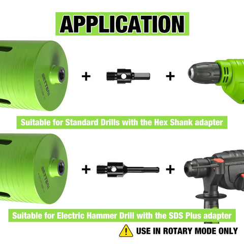 Heavy Duty 4 Inch Dry Core Drill Bit With Full Masonry Setup featuring Hex and SDS Plus adapters for drilling applications.