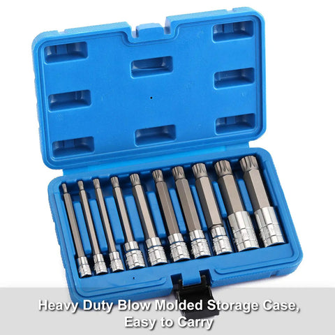 M Type Spline Bit Socket Set With S2 Alloy Bits And Chromium Vanadium Sockets in blue storage case, 10-piece