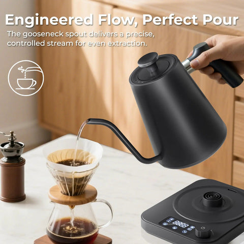 Gooseneck Electric Kettle With Precise Temperature Control Pro Grade 1L 1200W Fast Heating 24 Hour Keep Warm Auto Memory For 30 Minutes Food Grade Stainless Steel Pour Over Kettle For Coffee And Tea pouring water into a coffee dripper.