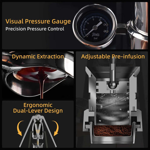 Manual Espresso Maker Set Hand Press Espresso Machine With Dual Lever And 12 Bar Pressure Profiling features visual pressure gauge, dynamic extraction, adjustable pre-infusion, and ergonomic dual-lever design.