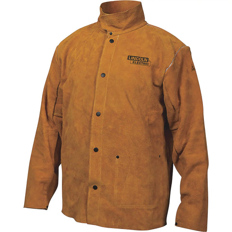 KH807XL Brown Flame Resistant Heavy Duty Leather Welding Jacket For Welders With Triple Needle Stitching Flip Up Collar Front Snap Closure Spatter Protection Arm And Torso Coverage X Large