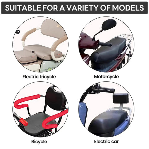 Two-Stage Child Safety Harness For Bikes Trikes And Motorcycles Adjustable Safety Belt on various models like tricycles and motorcycles.
