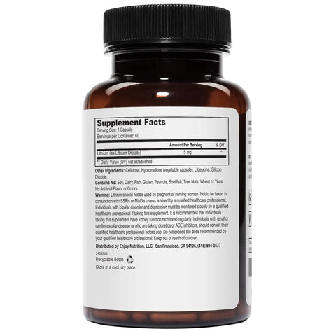Bottle of Lithium Orotate Supplement With 5 Mg Elemental Lithium Per Capsule, 60 Vegetarian Capsules Per Bottle, Pack Of 2, label view