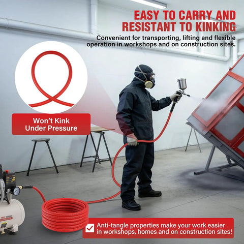 Heavy Duty Hybrid Air Hose 3/8 Inch By 25 Feet Lightweight Kink Off Air Compressor Hose being used in workshop.