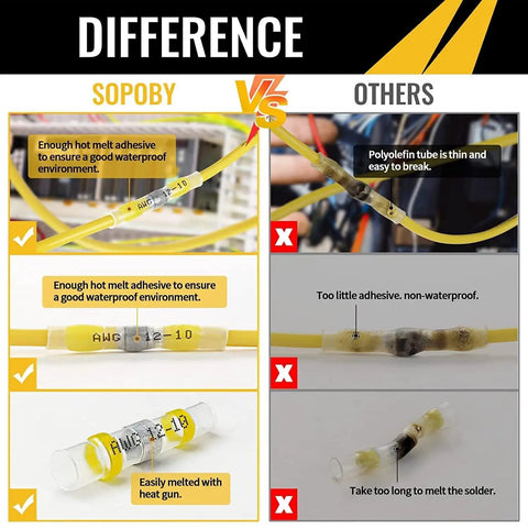 Comparison showing self soldering heat shrink solder seal wire connectors bundle waterproof insulated butt splice terminals for marine boat truck automotive electrical repairs quick durable connections for outdoor use pro grade versus others.
