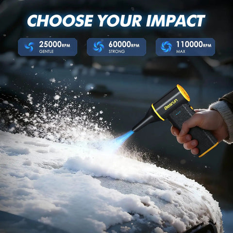 Electric Air Duster Boss 110,000 RPM 120W Cordless Blower in use on snow, showcasing 3 speed modes for effective cleaning.