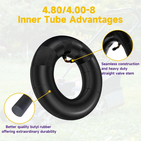 Beefed-Up 4.80-8 Inner Tube Replacement For Wheelbarrows Trailers Lawn Mowers with TR87 Bent Valve shown in a diagram