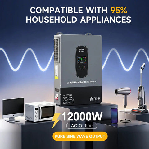 12000W Hybrid Solar Inverter For Your Home Power 48V DC To 120 240V Split Phase True Pure Sine Wave with appliances