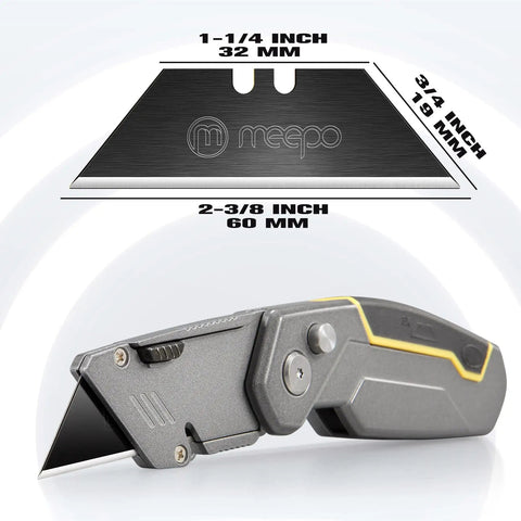 50 Pack Utility Knife Blades With Blackened SK-5 Steel For Box Cutters, blade dimensions in mm and inches with utility knife