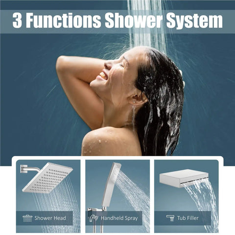 Rainfall Shower System With 8 Inch Polished Chrome Shower Head, Tub Filler, Handheld Sprayer in use, showcasing water flow.