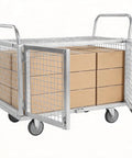 Heavy Duty 2000 Lbs Platform Truck With Secure Cage Reinforced Steel Warehouse Utility Cart loaded with brown boxes.