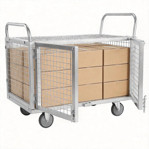 Heavy Duty 2000 Lbs Platform Truck With Secure Cage Reinforced Steel Warehouse Utility Cart loaded with brown boxes.