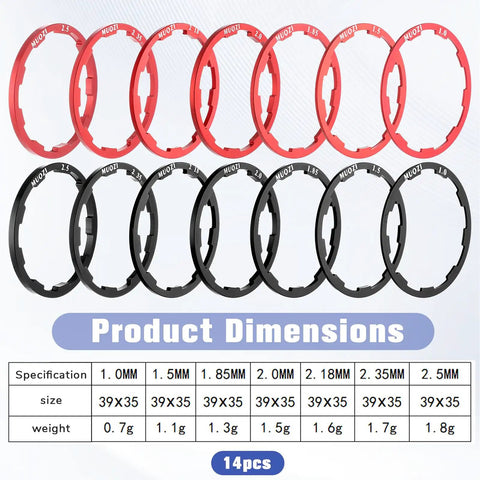 14 Piece Bicycle Cassette Spacer Washer Set Dialed In With Seven Thickness Options 1.0 1.5 1.85 2.0 2.18 2.35 2.50 Mm For 7, 8, 9, 10, 11 Speed Flywheel Hub Spacers with dimensions and weights