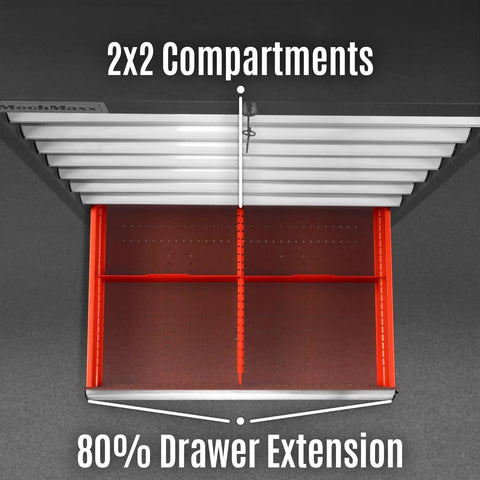 Open drawer showing 2x2 compartment design in Beefy Heavy Duty Modular Drawer Cabinet With 11 Drawers, Steel Tool Storage Organizer.
