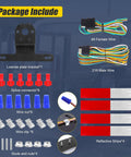 Included items in LED Boat Trailer Lights Kit With 25 Foot Wiring Harness: wires, connectors, license plate bracket, and reflective stripes.