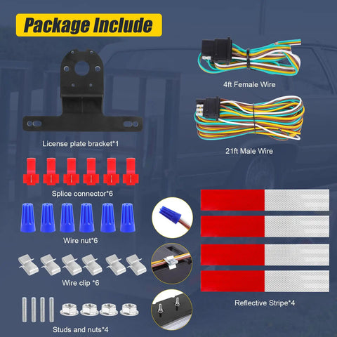Included items in LED Boat Trailer Lights Kit With 25 Foot Wiring Harness: wires, connectors, license plate bracket, and reflective stripes.