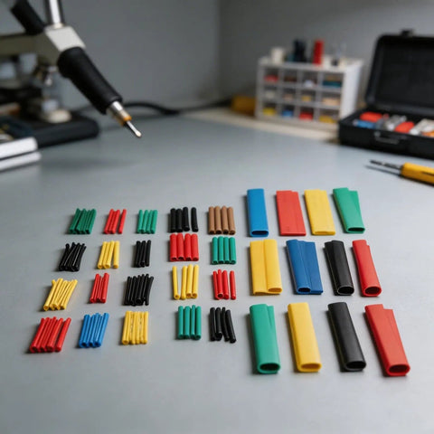 Massive 164 Piece Heat Shrink Tubing Kit With Polyolefin Wire Sleeves Electric Insulation In 5 Vibrant Colors Perfect For All Your Wiring Repairs And Diy Electrical Projects To Keep Your Connections Safe And Secure. assorted sizes and colors on workbench