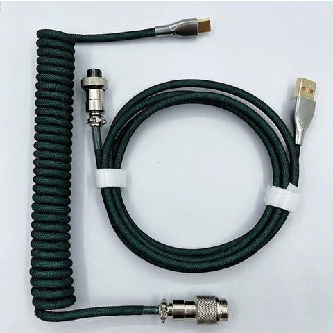 Pro Grade USB A To USB C Spiral Keyboard Cable 1.8M Dark Green Wear Resistant Braided Sheath Aviation Style Plug High Speed Data Transfer For Mechanical Keyboards 8KHz Magnetic Axis Return Ready, dark green coiled USB cable