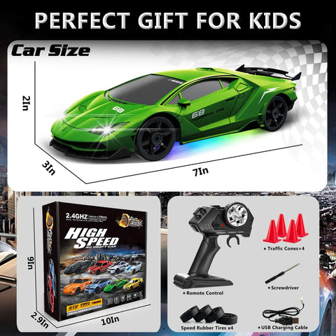 One Twenty Four Scale RC Drift Car 4WD With LED Lights For Night Time Drifts And High Speed 15KMH Remote Control Toy For Kids Boys Girls Adults Gifts Birthday Christmas package contents and green car size diagram.