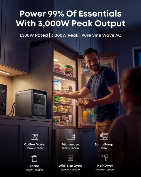 Man using Solix S2000 Portable Power Station Paired With 200W Bifacial Solar Panel, 1500W Solar Generator in kitchen.