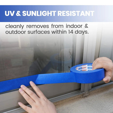Applying Blue Painter Tape For Clean Edges Walls UV Resistant Painters Tape 14 Day Easy Removal 1.88 Inch By 60 Yard on window trim.