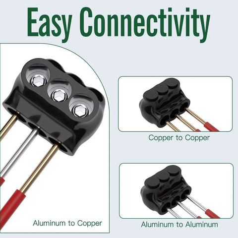 5 Pack 3 Port Insulated Multi Tap Wire Connectors Single Sided Entry For 2/0 To 6 AWG showcasing aluminum to copper and vice versa.