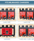 Heavy Gauge Metal Wall Mount Rack For Milwaukee 18V Battery And Dual Charger Stand With Cordless Drill Holder showing various charger placements.