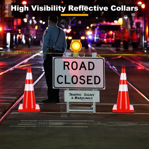 Upgraded 28 Inch Traffic Cones 6 Pack PVC Orange Construction Cones with reflective collar at nighttime road closure