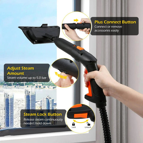 Powerful 1800W Steam Cleaner With 320F High Temp And 5 Bar Pressure featuring controls and window cleaning attachment