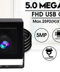 Front view of 5 Megapixel USB Camera Workhorse with 3.6mm fixed lens for machine vision and engraving, aluminum case, OV5640 sensor.