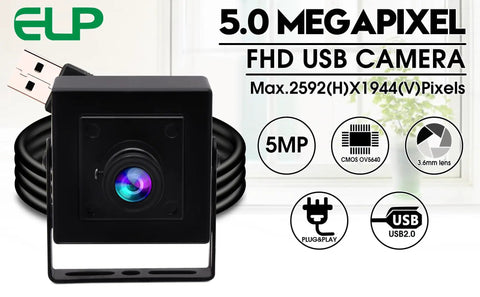 Front view of 5 Megapixel USB Camera Workhorse with 3.6mm fixed lens for machine vision and engraving, aluminum case, OV5640 sensor.
