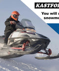 Person riding snowmobile on snow with inset of Heavy Duty Snowmobile Dolly Set Of 3 With V Slide, 2.5 Inch Nylon Swivel Casters.
