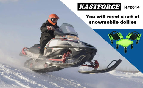Person riding snowmobile on snow with inset of Heavy Duty Snowmobile Dolly Set Of 3 With V Slide, 2.5 Inch Nylon Swivel Casters.