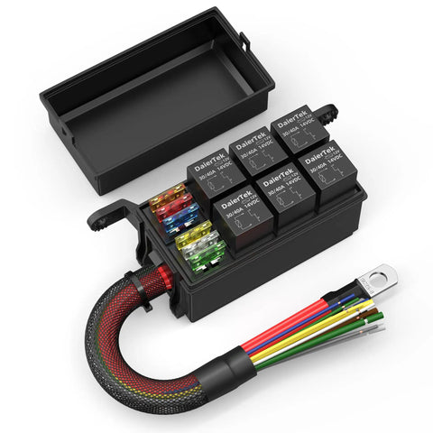 Image of a 6 Way 12V Relay Box, Pre-Wired Waterproof Relay Panel with ATC/ATO Fuse Block and 12 AWG Leads for cars and boats.