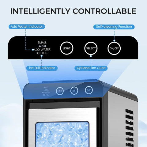 Control panel of Compact Countertop Ice Maker With No Fuss Self Cleaning, stainless steel, water and ice full indicators visible