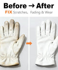 Before and after image of a white leather glove showing repair with White Leather Repair Kit And Recoloring Balm Dye For Scratches, Fading, And Wear - Easy To Use Leather Dye For Couches, Boots, Car Seats, And Furniture, Restores Color And Longevity Looks Brand New.