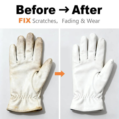 Before and after image of a white leather glove showing repair with White Leather Repair Kit And Recoloring Balm Dye For Scratches, Fading, And Wear - Easy To Use Leather Dye For Couches, Boots, Car Seats, And Furniture, Restores Color And Longevity Looks Brand New.